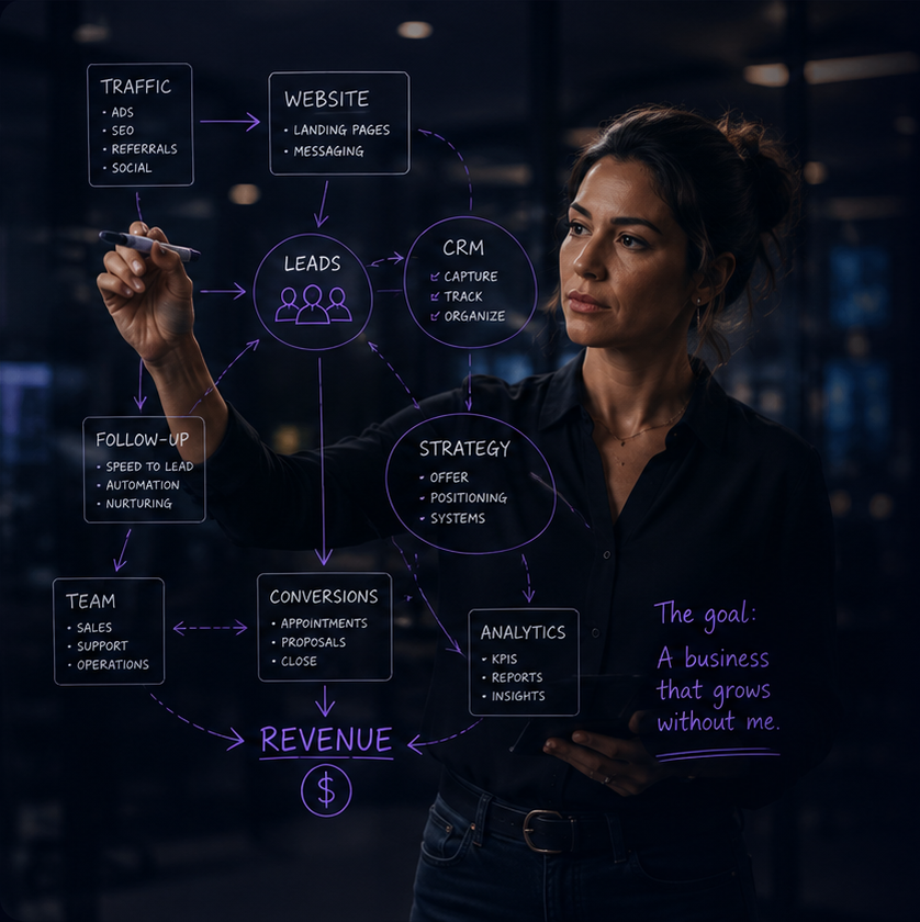 A business growth map connecting traffic, website, leads, CRM, follow-up, team, strategy and revenue
